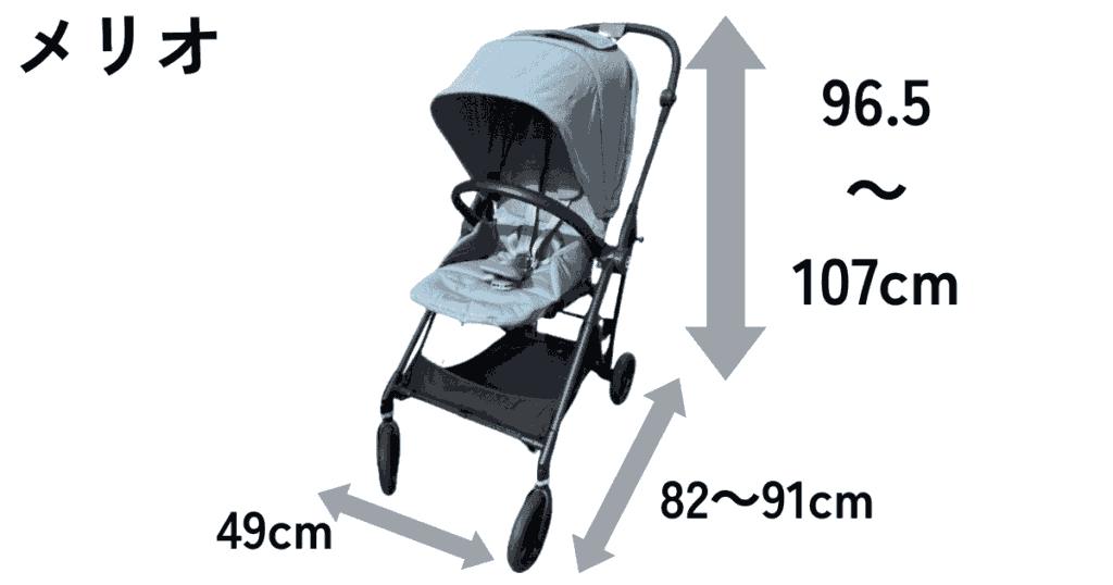 メリオ使用時のサイズ
 幅49×奥行82-91×高さ96.5-107㎝