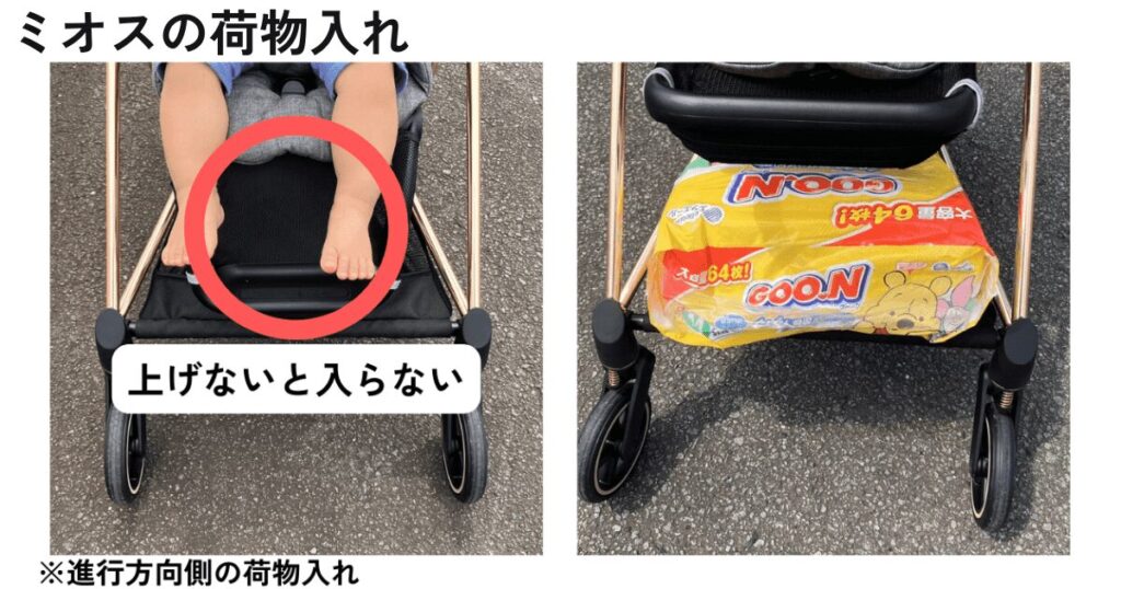 ミオスの荷物入れ
進行方向側はレッグレストを上げなければならない