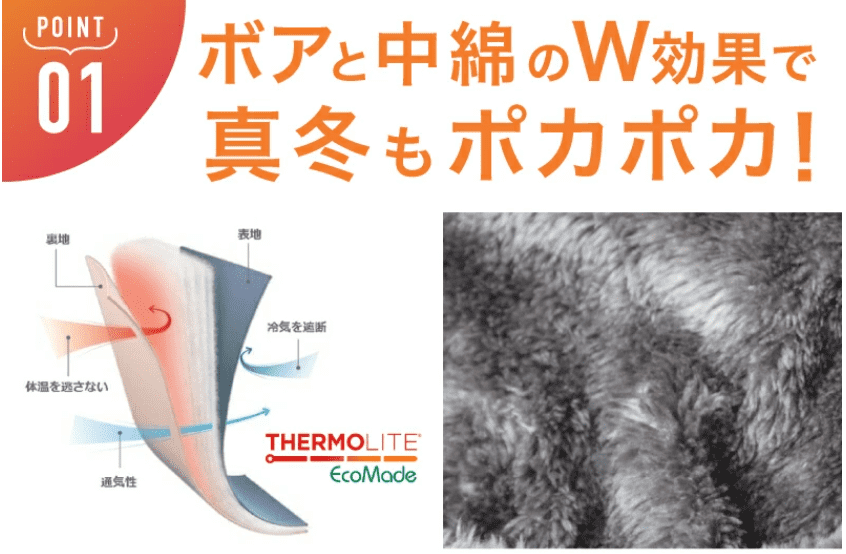 エルゴ防寒ケープの強み
ボアと中綿のW効果で真冬も暖かい