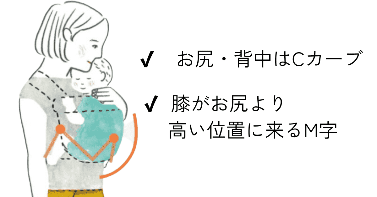 人間工学に基づいた自然な体勢で抱っこできる
お尻・背中はC字カーブ
膝がお尻より高い位置に来るM字