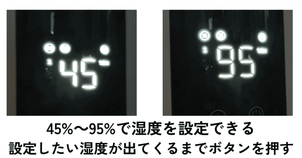 45%～95%の5%きざみで湿度設定できる