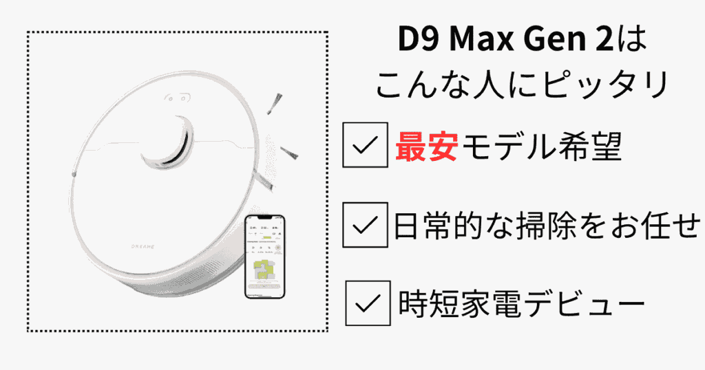 Dreameロボット掃除機 タイプ別のおすすめ
D9 Max Gen 2 はこんな人にピッタリ
最安モデル希望
日常的な掃除をお任せ
時短家電デビュー