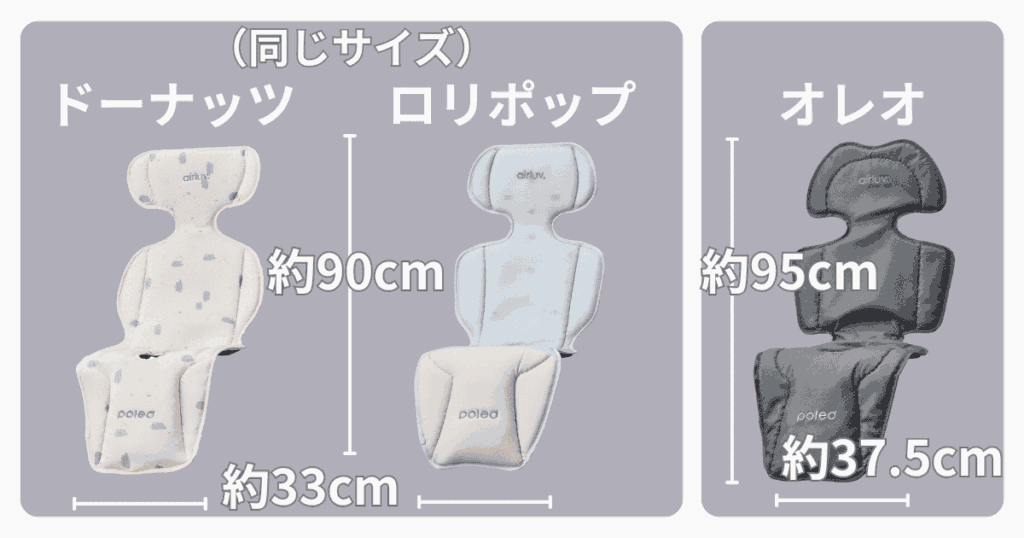 エアラブ ドーナツ・ロリポップ・オレオ 違い 比較 サイズ
ドーナッツ・ロリポップ...約横33cm×縦90cm
オレオ...約横37.5cm×95cm