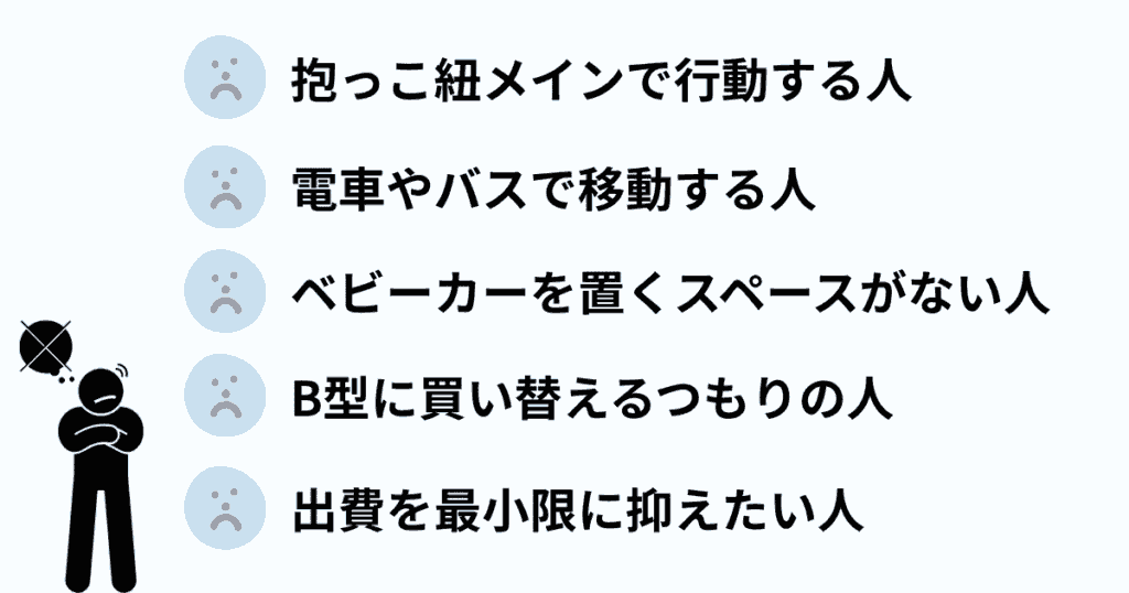 A型ベビーカーがいらない人の特徴5選
抱っこ紐メインで行動する人
電車やバスで移動する人
ベビーカーを置くスペースがない人
B型に買い替えるつもりの人
出費を最小限に抑えたい人