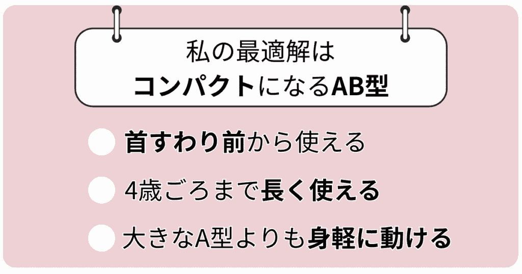 私の最適解は
コンパクトになるAB型
首すわり前から使える
4歳ごろまで長く使える
大きなA型よりも身軽に動ける