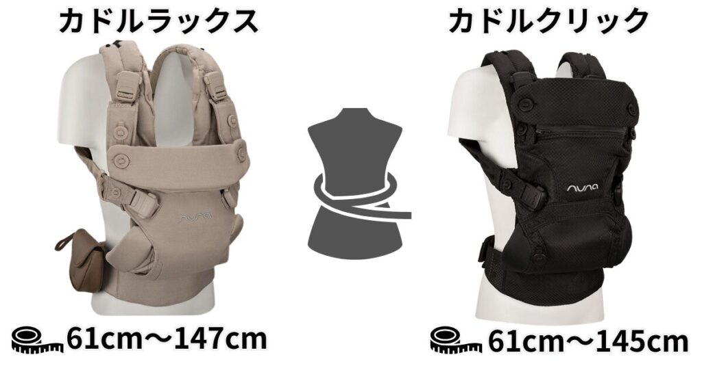 ウエストベルトのサイズ:カドルラックスのほうが+2cm長い
【カドルラックス】
61cm~147cm
【カドルクリック】
61cm~145cm
