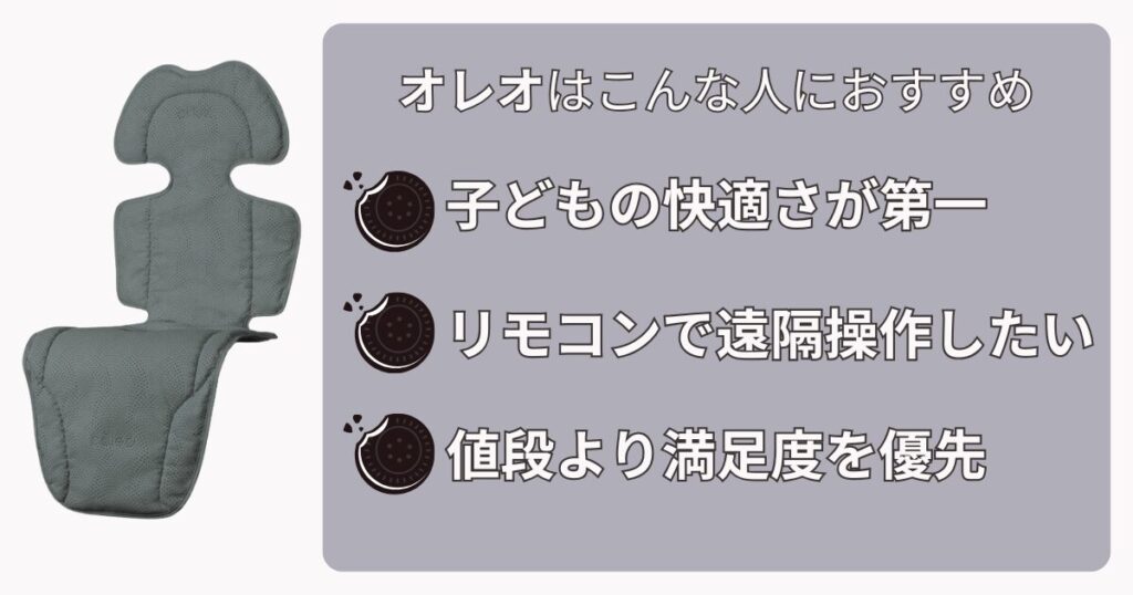オレオはこんな人におすすめ

・子どもの快適さが第一
・リモコンで遠隔操作したい
・値段より満足度を優先