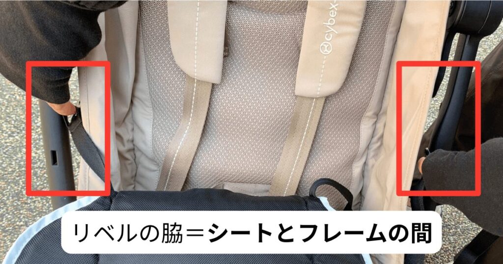 エアラブの背中・裏面にある腰ベルトを、左右それぞれリベルのシートとフレームの間から後ろ側に通して留める