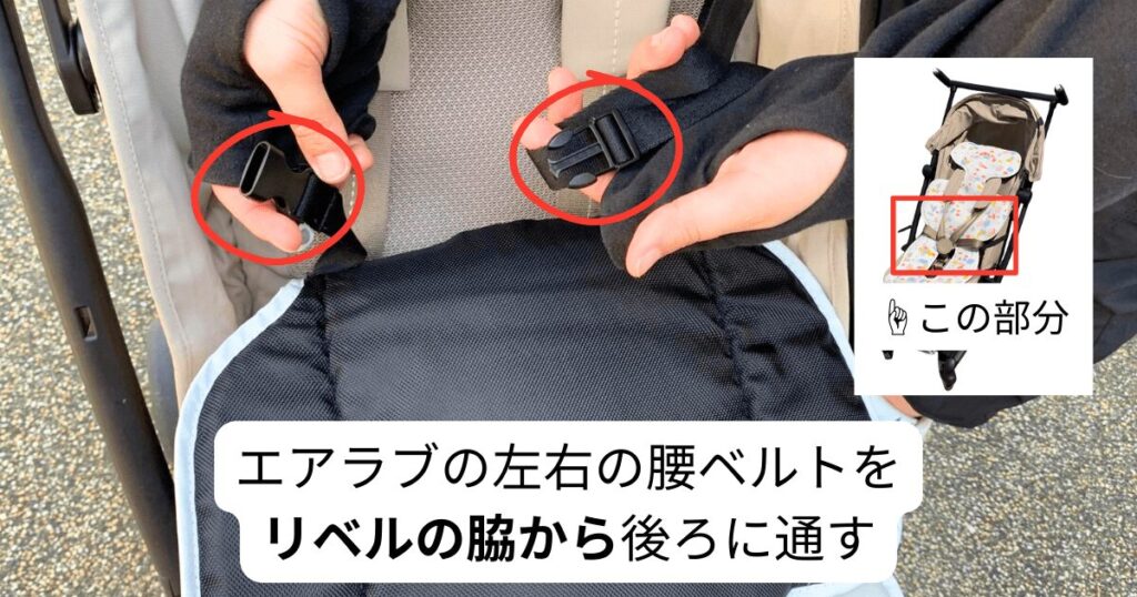 エアラブの背中・裏面にある腰ベルトを、左右それぞれリベルのシートとフレームの間から後ろ側に通して留める