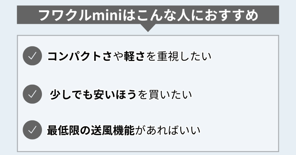 フワクルminiはこんな人におすすめ
コンパクトさや軽さを重視したい
少しでも安いほうを買いたい
最低限の送風機能があればいい