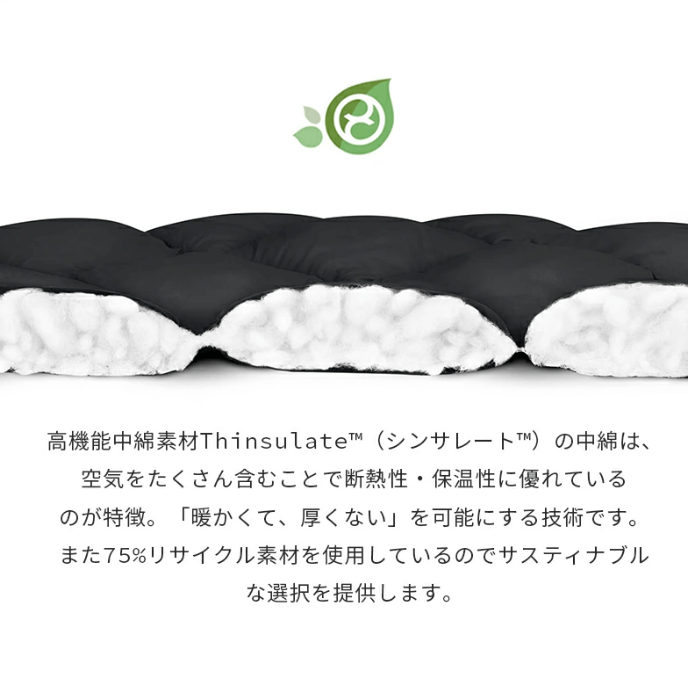 高機能中綿素材Thinsulate™について。
素材の特徴として、繊細な繊維構造により空気をたくさん含むことで断熱性と保温性を生み出す仕組み。