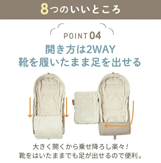 トップラインの開き方はジッパーを下まで下げる縦開きと、90℃に開く横開きの2種類。
大きく開く特徴があるので、子どもをベビーカーに乗せ降ろししやすい。