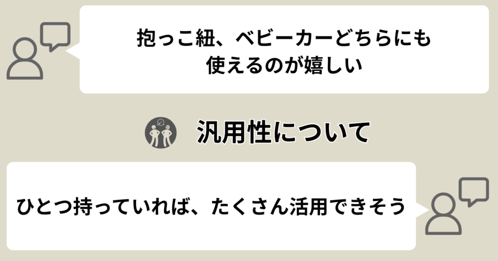 汎用性について
・抱っこ紐、ベビーカーどちらにも使えるのがうれしい
・一つ持っていれば、たくさん活用できそう