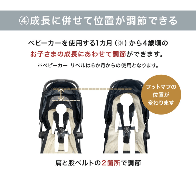 スノッガ2・プラチナムともに子供の成長に合わせてフットマフの位置を調整できる。