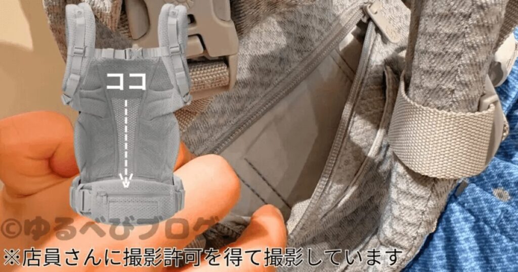 赤ちゃんの背中あたりにあるポケット（オムニデラックスのみ）...ガーゼやハンカチが入るくらい