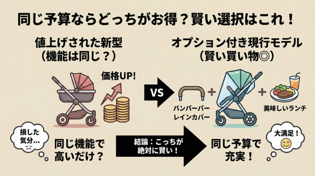 バンパーバー
レインカバー
美味しいランチ
→同じ機能で高いだけであれば、浮いたお金をオプションに回すのが賢い！