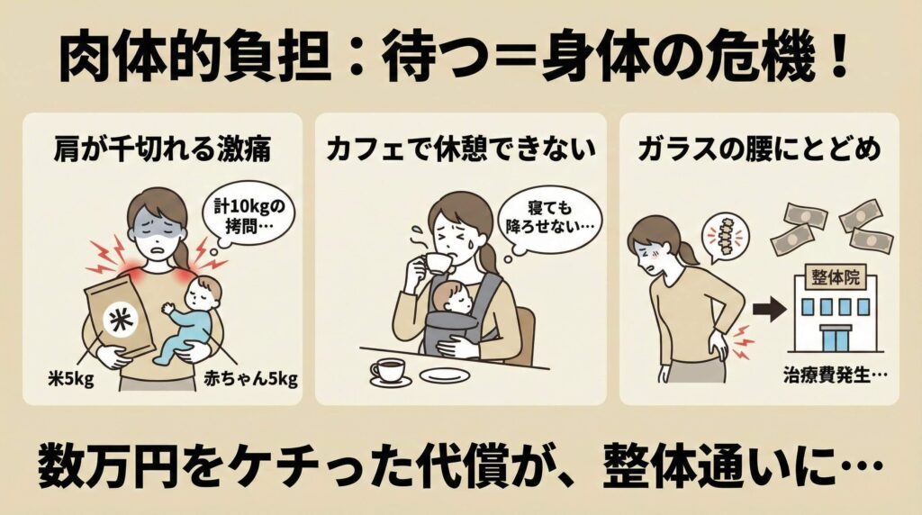 肩が千切れるほどの激痛: 米5kgと赤ちゃん5kg、計10kgを抱えての買い物。もはや筋トレではなく拷問に。
カフェで休憩すらできない: 子どもが寝ても降ろせないため、抱っこしたままコーヒーを飲む羽目に。
ガラスの腰にとどめを刺す: 数万円をケチった代償が、整体通いの治療費に。