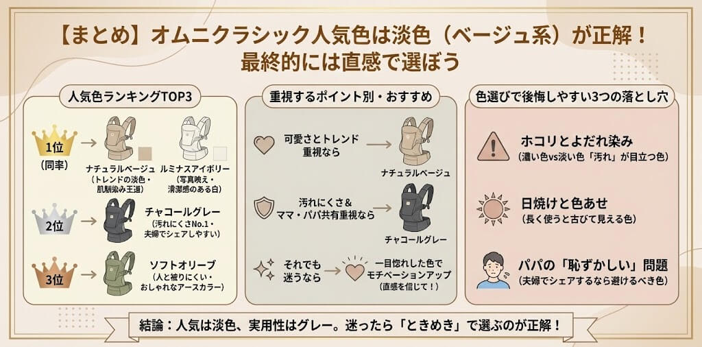 【まとめ】オムニクラシック人気色は淡色（ベージュ系）が正解！最終的には直感で選ぼう