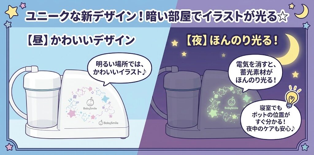 メルシーポットの暗い部屋でイラストが光るデザイン