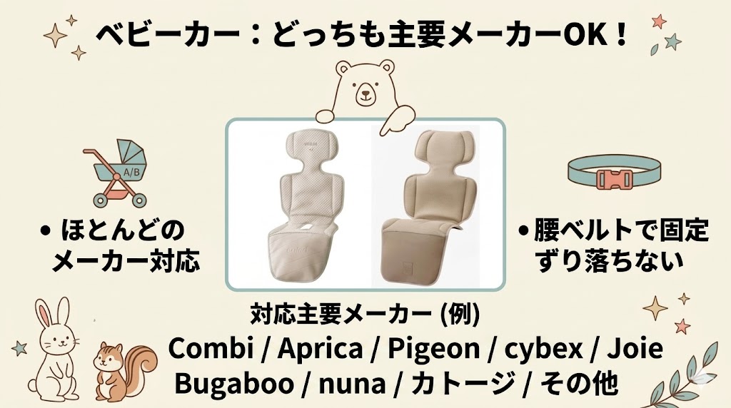 ベビーカー：どっちも主要メーカーOK！付けたまま畳める