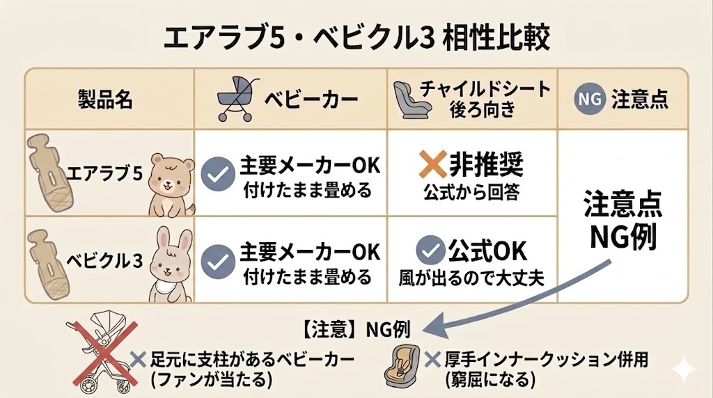 エアラブ5・ベビクル3とベビーカー・チャイルドシートの相性を比較