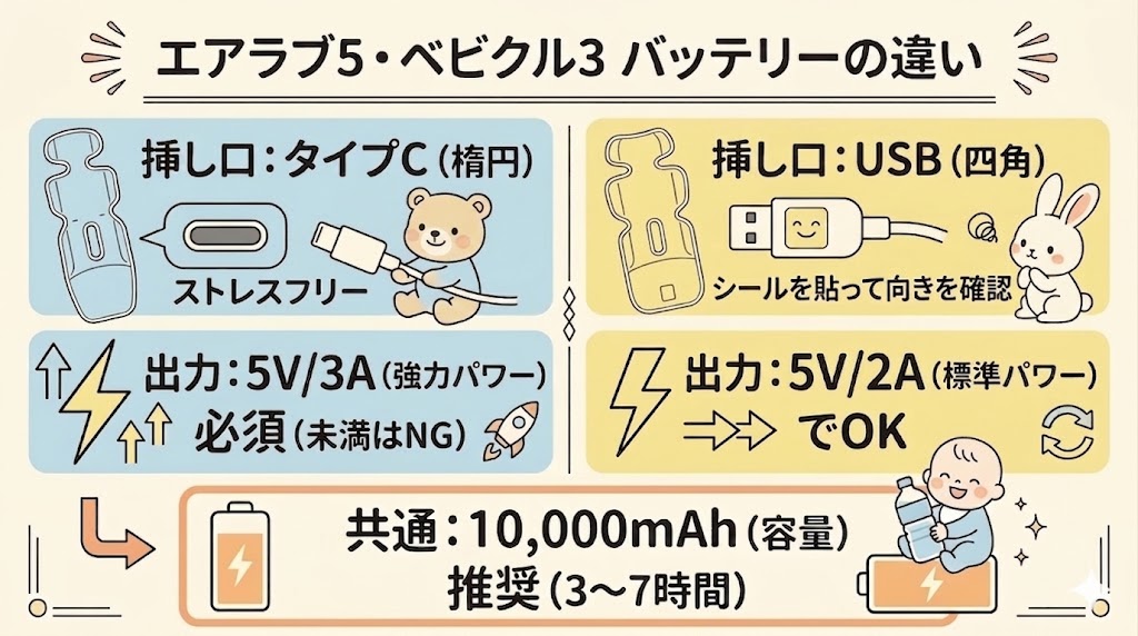 エアラブ5・ベビクル3を使うのに必要なモバイルバッテリーの違い