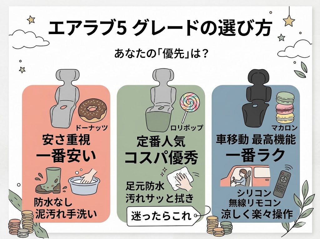 エアラブ5の中でも3種類あるけど、どれを買うべき？

安さ重視：ドーナッツ
機能と値段のコスパ重視：ロリポップ
とにかく「楽」を重視：マカロン
