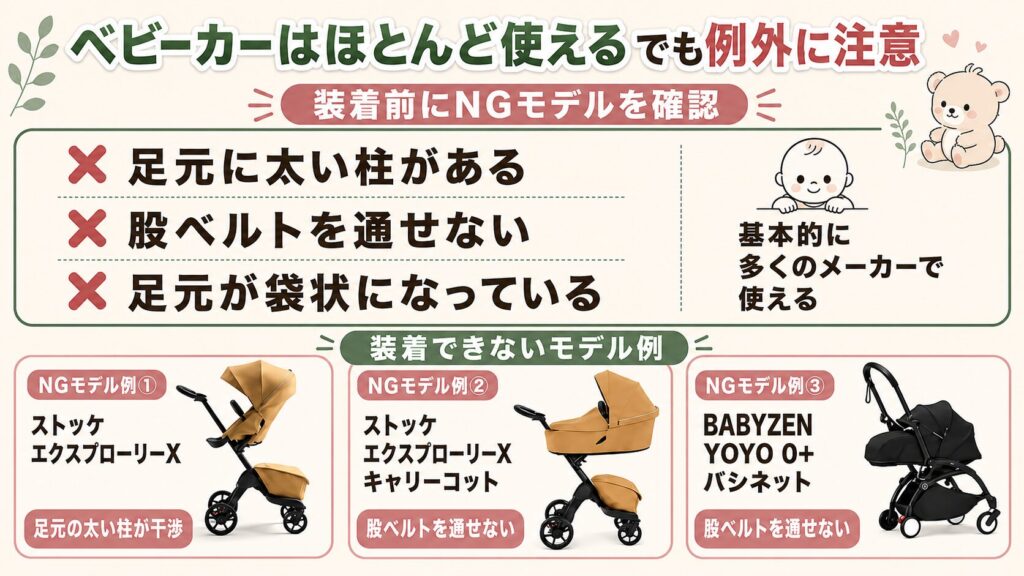 ベビーカー：ほとんどのモデルで使えるけど例外に注意