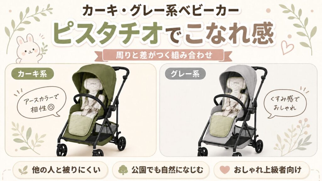 カーキ・グレー系ベビーカー：ピスタチオで周りと差がつくこなれ感